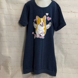 Kids Casual T-Shirt Dress with Corgi Print - Blue